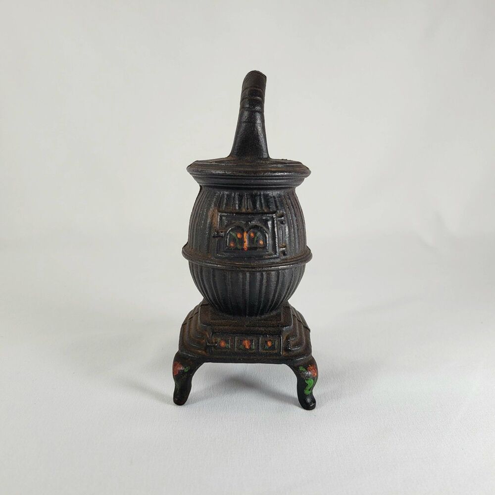 Vintage Cast Iron Pot Belly Stove Mini Floral Cottagecore Display Figurine -Read